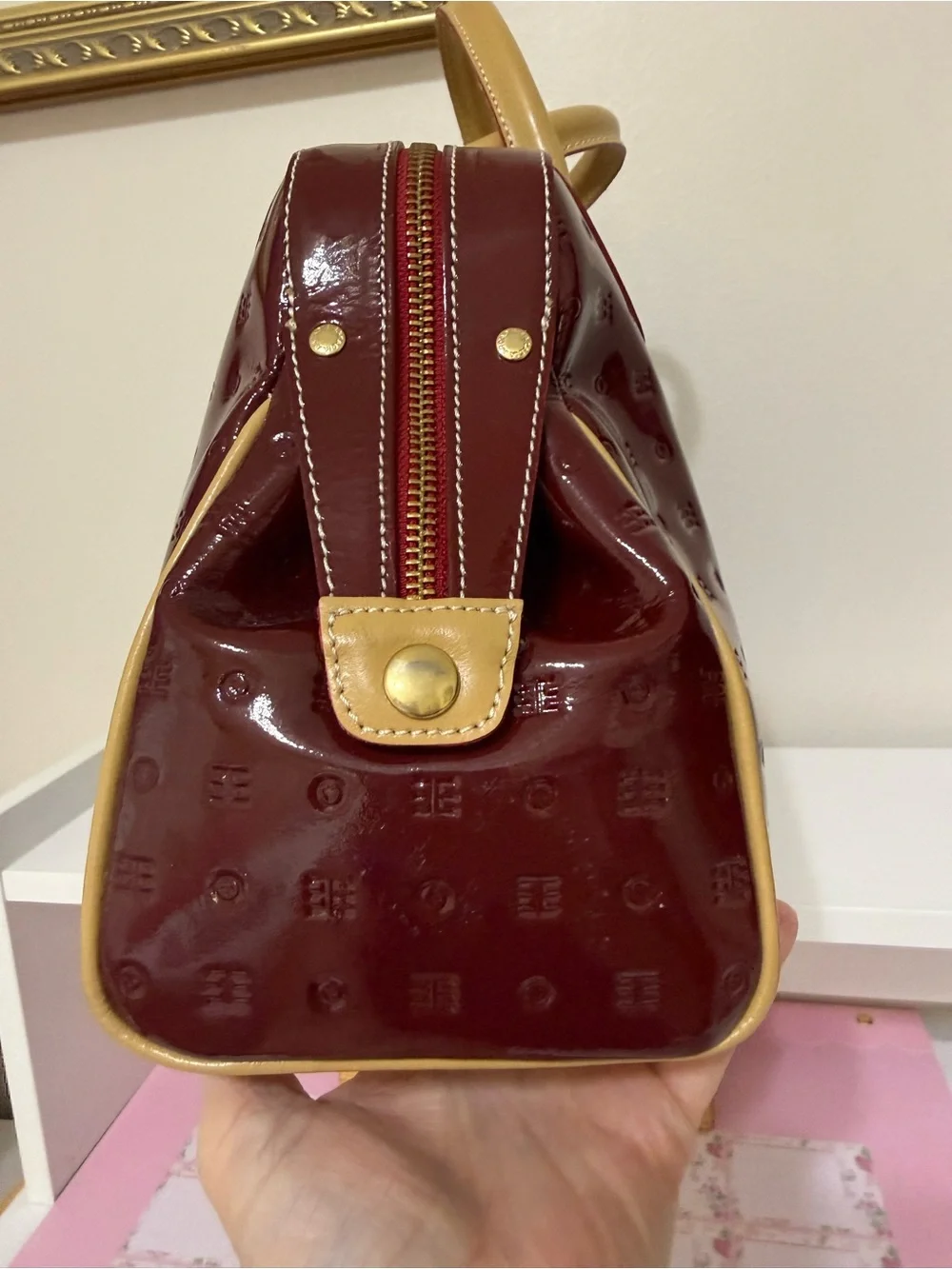 Arcadia Patent Leather Burgundy Shoulder Bag with Tan Trim